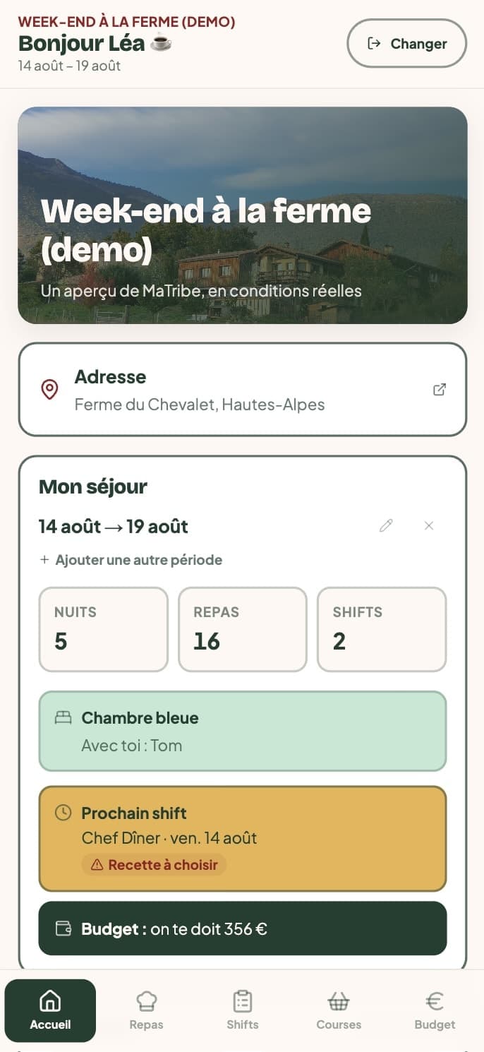 Écran mobile réel du séjour de démonstration CoTrip avec dates, repas, tâches et budget